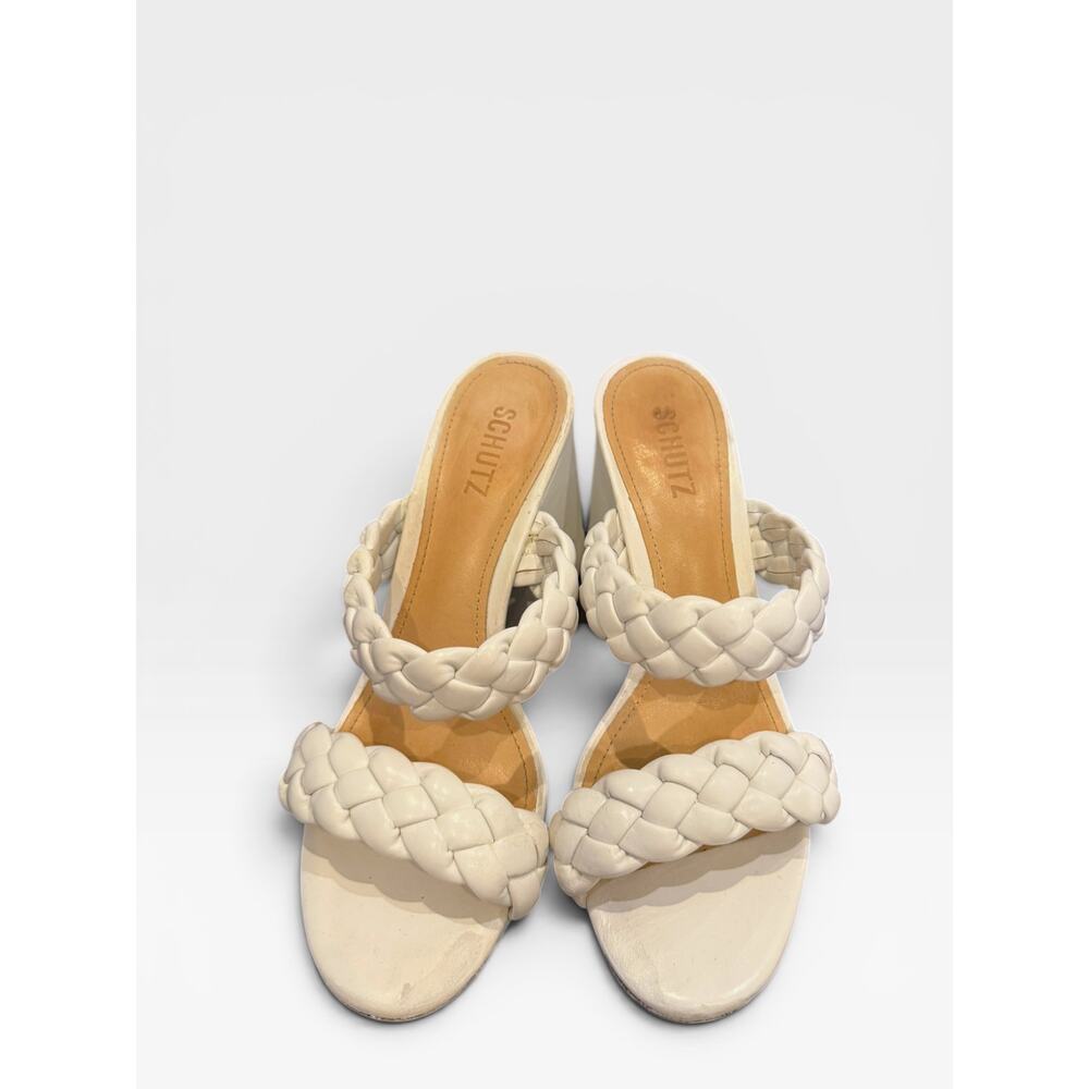 SCHUTZ Elida Braided Leather Block Heel Slide Sandal White 8 GUC - Picture 5 of 8